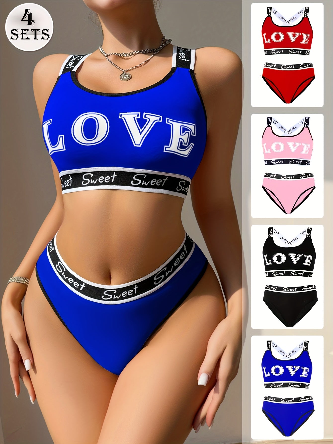 [Monogrammed Bra Set] 4 Sets Women's Monogrammed Bra Set | Fashion LOVE Pattern, Contrast Trim, Quick-Drying Ice Silky Fabric - Comfortable & Breathable for Swimming, Gym, Yoga