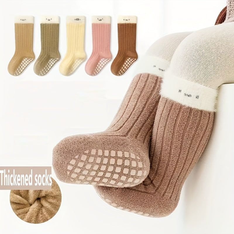 2-Pack Kids Floor Socks, Autumn/Winter Fleece-Lined Thick Warm Unisex Baby Mid-Calf Socks, Toddler Non-Slip Walking Socks