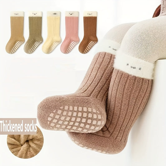 2-Pack Kids Floor Socks, Autumn/Winter Fleece-Lined Thick Warm Unisex Baby Mid-Calf Socks, Toddler Non-Slip Walking Socks