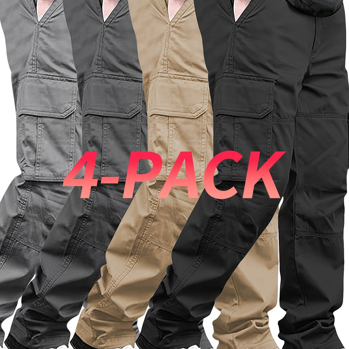 4pcs & Teen Loose-Fit Cargo Pants - Wide Work Pants with Elastic Drawstring Waist, Multiple Utility Pockets, Heavy-Duty for Outdoor,, Farming - Machine Washable Spring/Fall Season Pants Suitable for Teens & Adults, Perfect fo