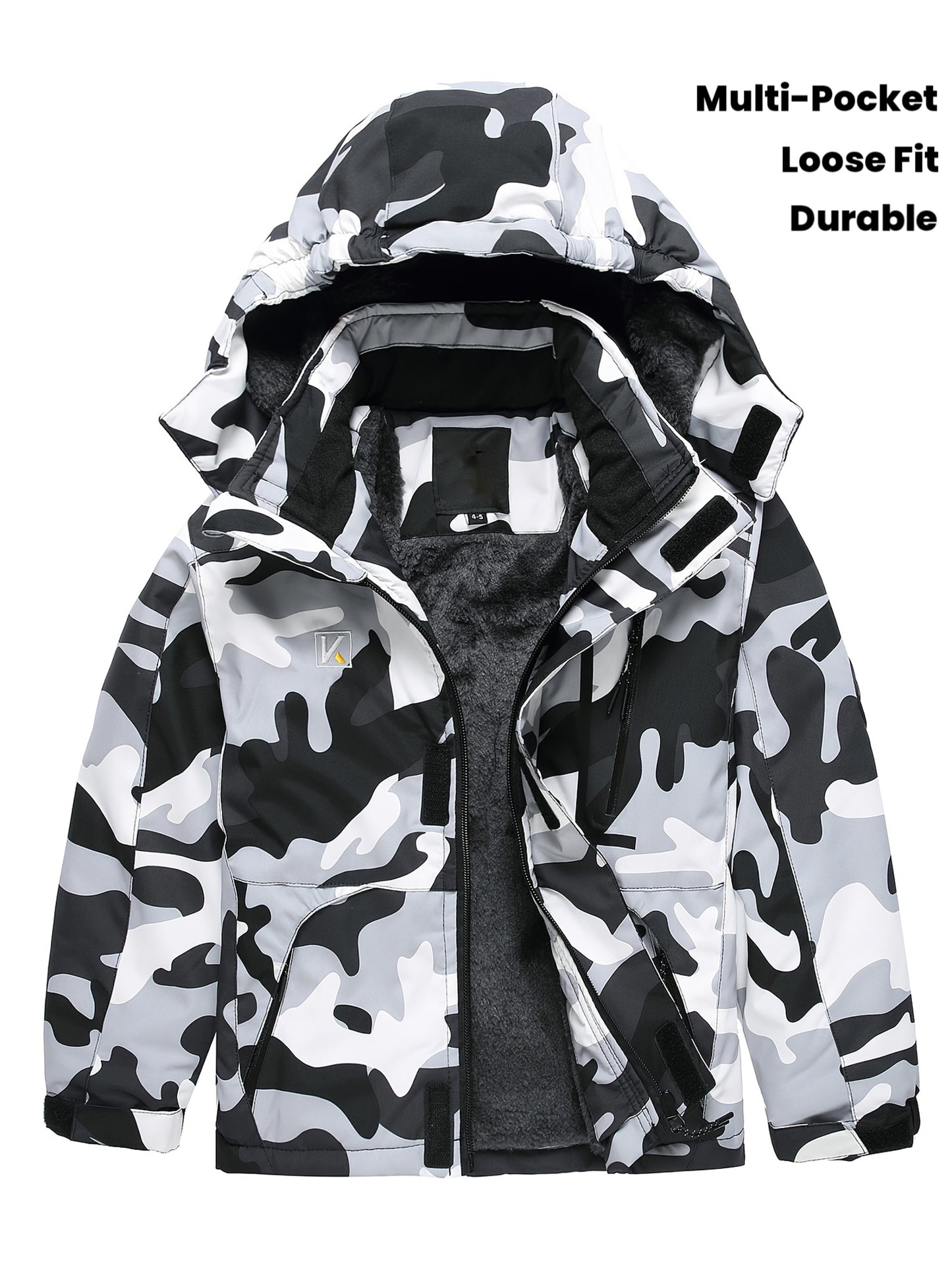 Boys' Heavy-Duty Thermal Jacket - Full-Zip Windproof & Cold-Resistant Coat with Full-Length Zipper, Full-Zip Hooded Design, Full-Length Zipper & Multi-Pocket - Loose Fit for Layering - All-Weather Hiking Jacket for Winter, Ca