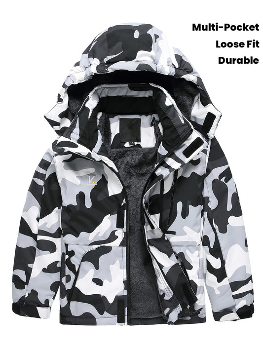 Boys' Heavy-Duty Thermal Jacket - Full-Zip Windproof & Cold-Resistant Coat with Full-Length Zipper, Full-Zip Hooded Design, Full-Length Zipper & Multi-Pocket - Loose Fit for Layering - All-Weather Hiking Jacket for Winter, Ca