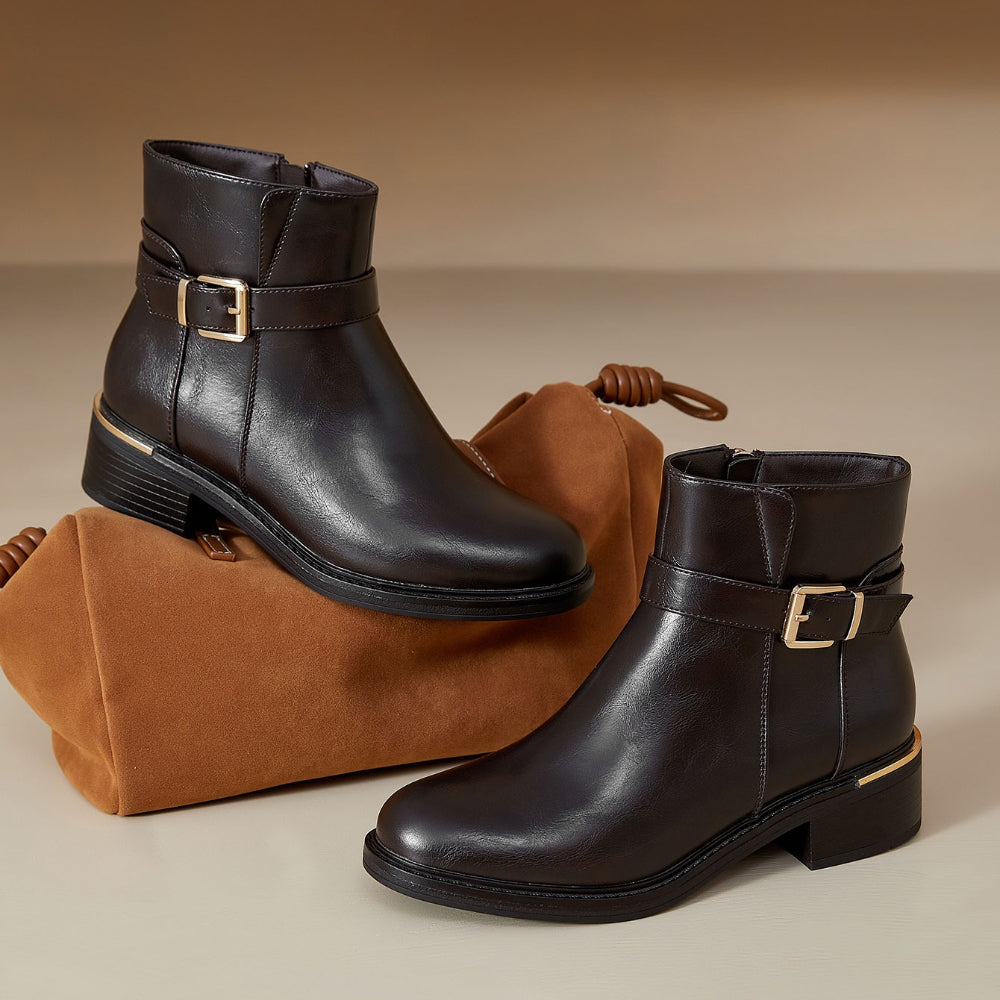 [Vintage French-Style] Vintage French-Style Women's Ankle Boots | Belt Buckle, Round Toe, Mid Heel, Maillard, Side Zipper, Chunky Heel, British Style