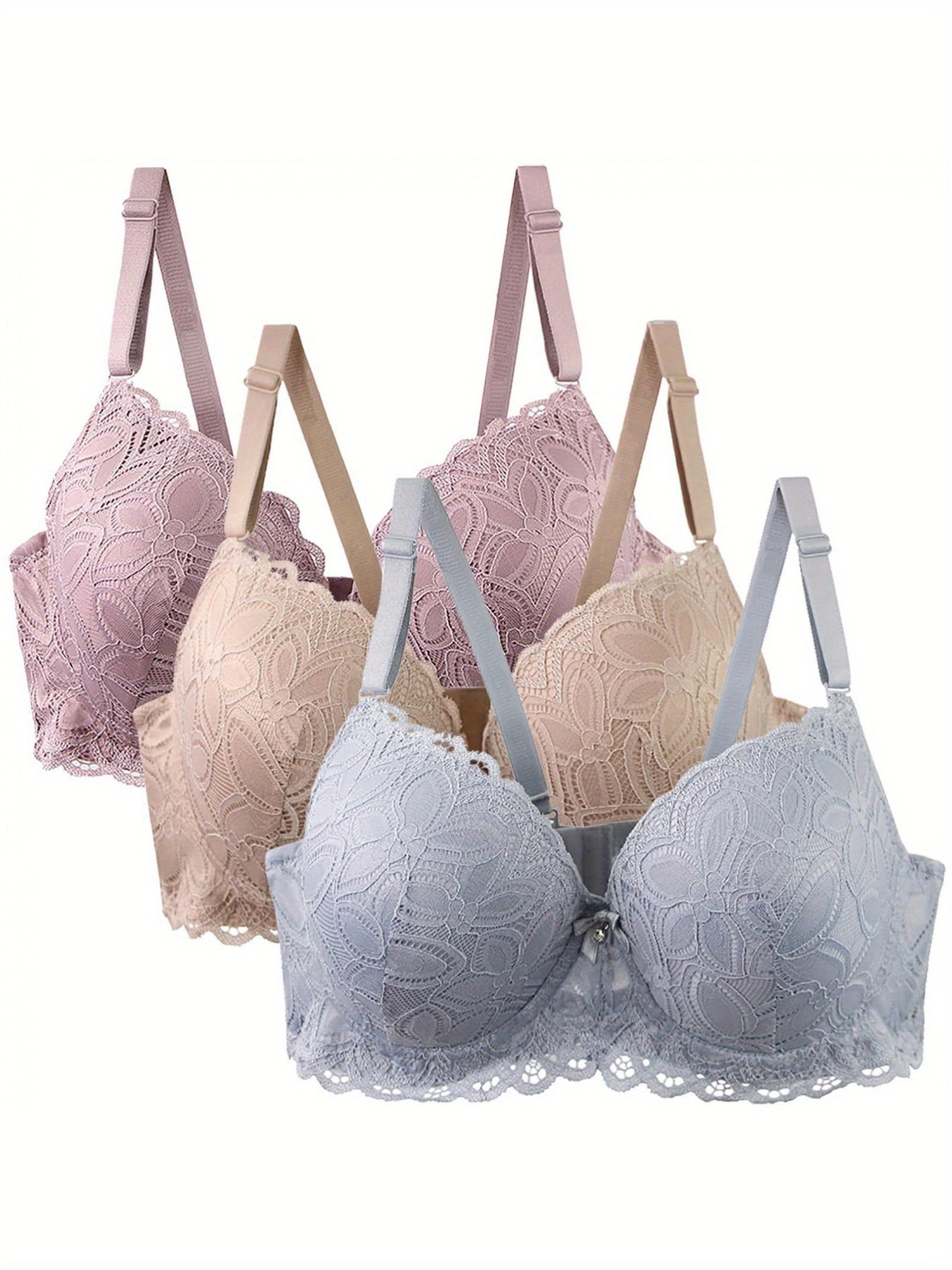 3pcs Women'S Wireless Push Up Bras - Full Coverage Wire-Free Everyday Support, Soft Breathable Fabric, Adjustable Straps & Lace Trim, 3 Colors (Pink/Beige/Light Blue) - Daily Comfort Lingerie, Wireless Bras, Casual Attire, El