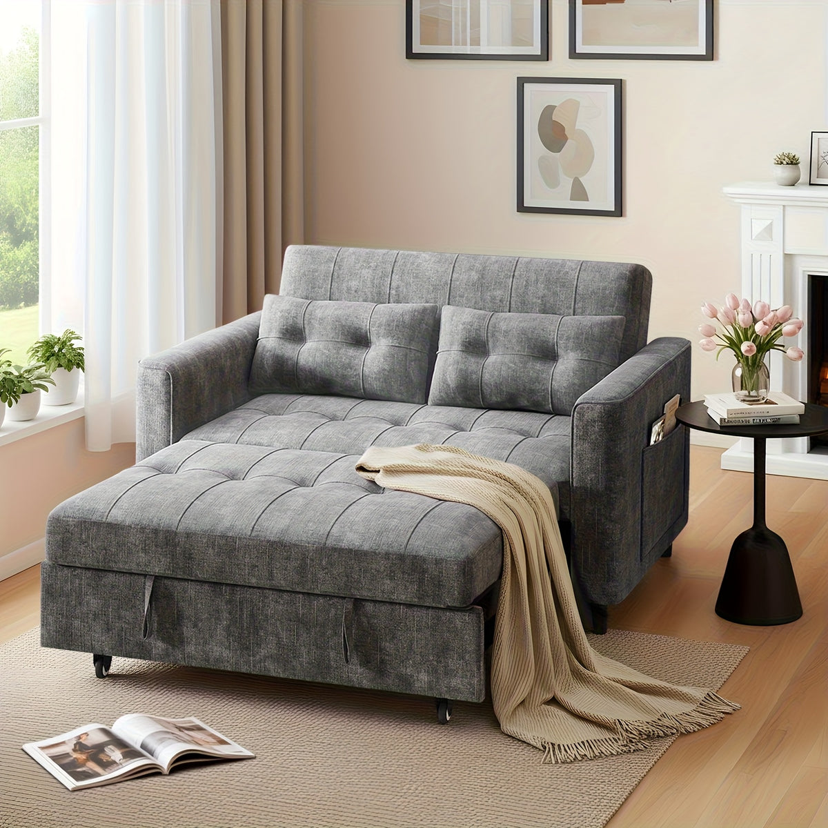 Convertible 3-in-1 Sofa Bed, Foldable Sleeper Chair with Pull-Out Design with Soft Chenille Fabric and Pull-Out Sleeper, Sturdy Wood Frame, Adjustable Backrest, Side Storage Pockets, Space-Saving Modern Sofa Bed for Living Ro