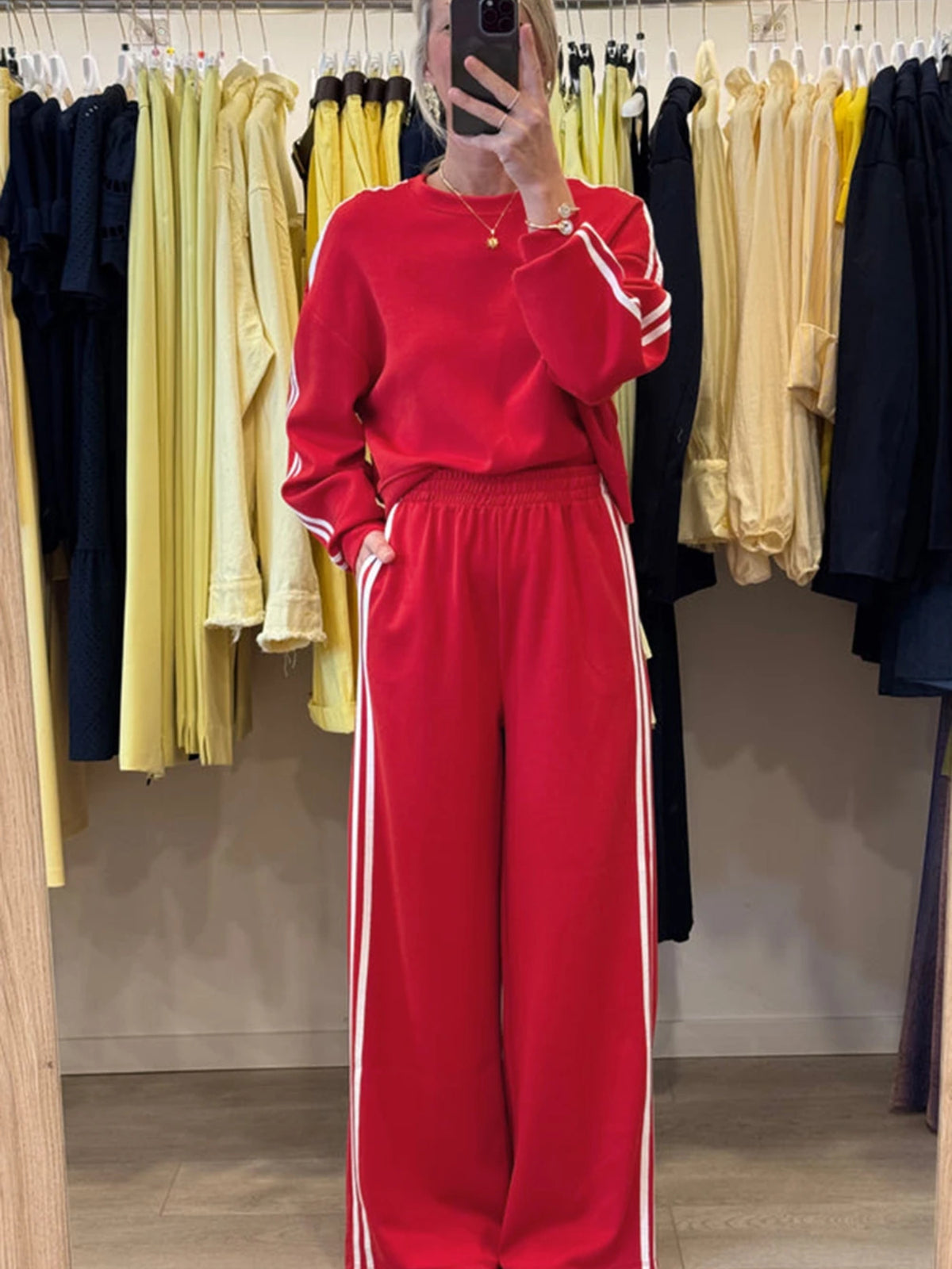 Fiery Red Varsity Striped Detail Crewneck Pullover Elastic Sweatpants 2pcs Outfit