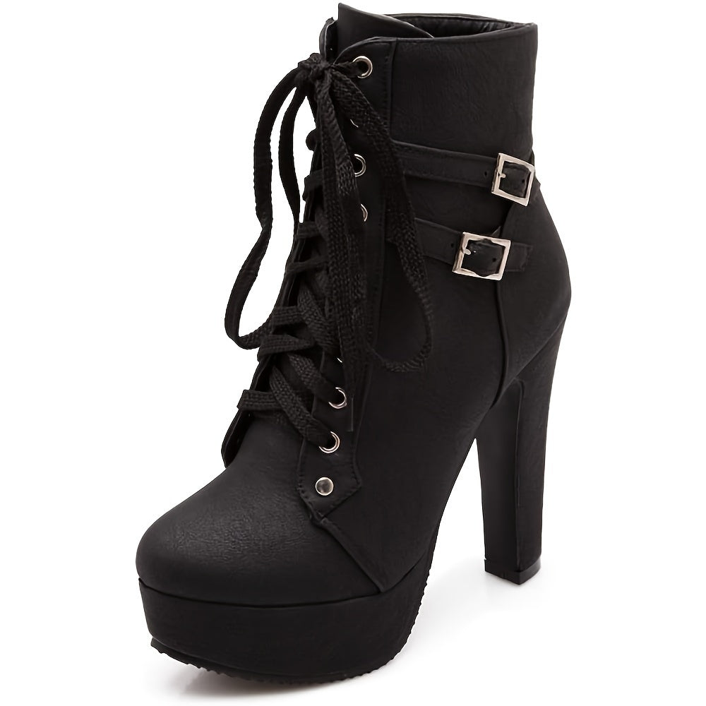High Heel Boots For Women, Womens Platform Boot Heels Sexy Round Toe Lace UP High Heels Mid Calf Boots