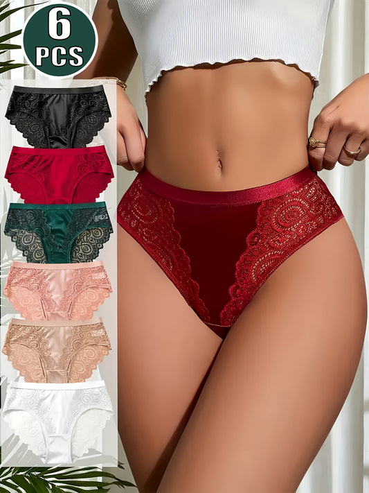 6pcs Women'S Elegant Floral Lace Trim Mid-Rise Stretchy Panties - Soft Breathable Comfort, Durable Fabric, 6 Solid Colors (Black/Green/Red/White/Pink/Brown) for Everyday & Special Occasions, Lace Panties, Comfortable Underwea