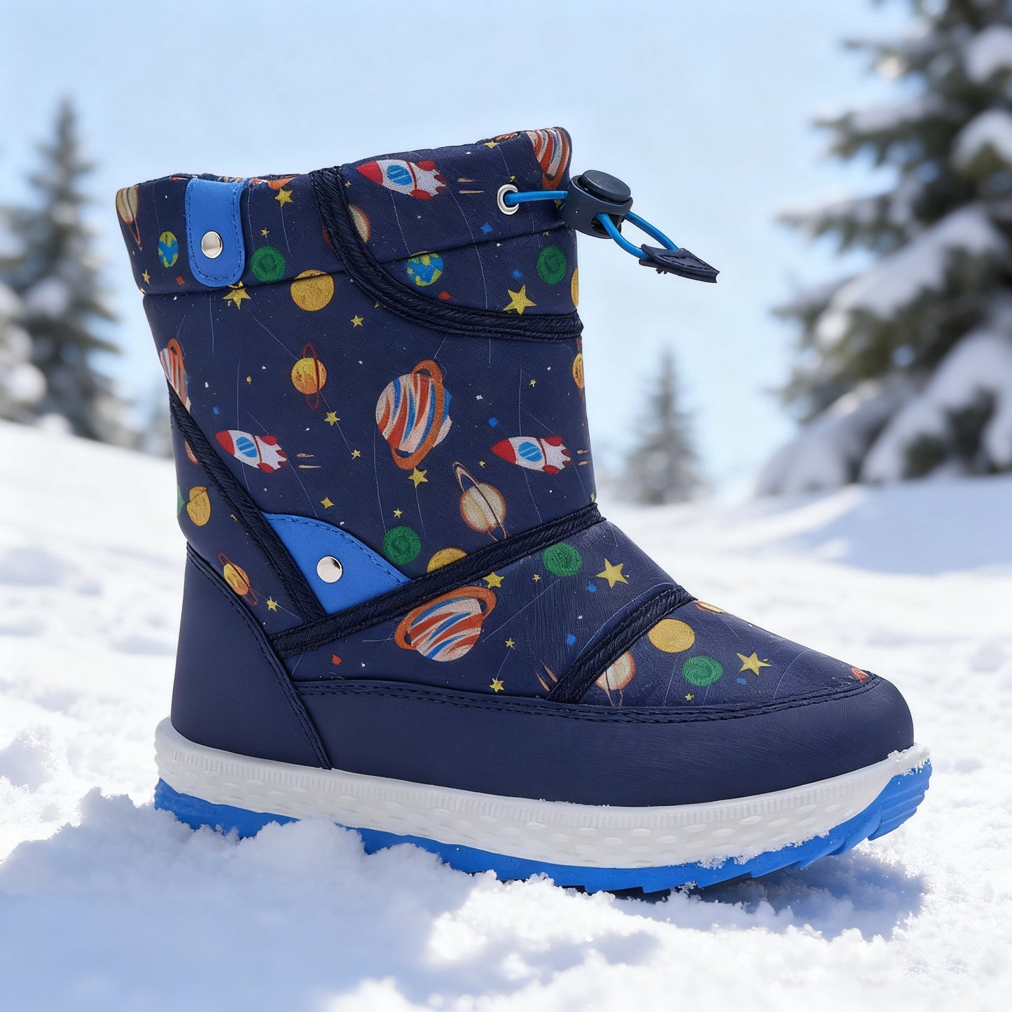 DACLAY & All-Season High-Top Snow Boots with Space-Themed Rocket & Planet Design, Zipper & Buckle Closure, Warm PU/Fabric Upper & Lining, All-Terrain Traction for Outdoor Play,, Winter - Unisex ' Winter Shoes, Snow Boots, Sno