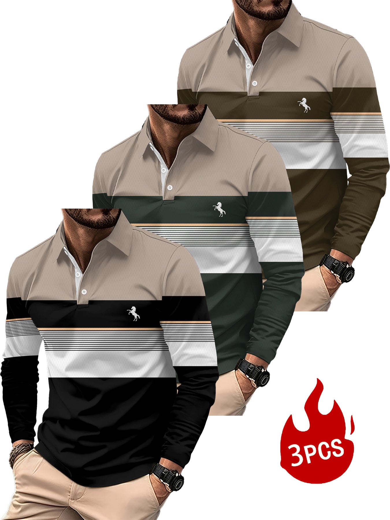 3pcs set • Men's long-sleeved shirt with 3D printed casual golf shirt • Striped design and English logo pattern • Sporty style • Men's long-sleeved shirt