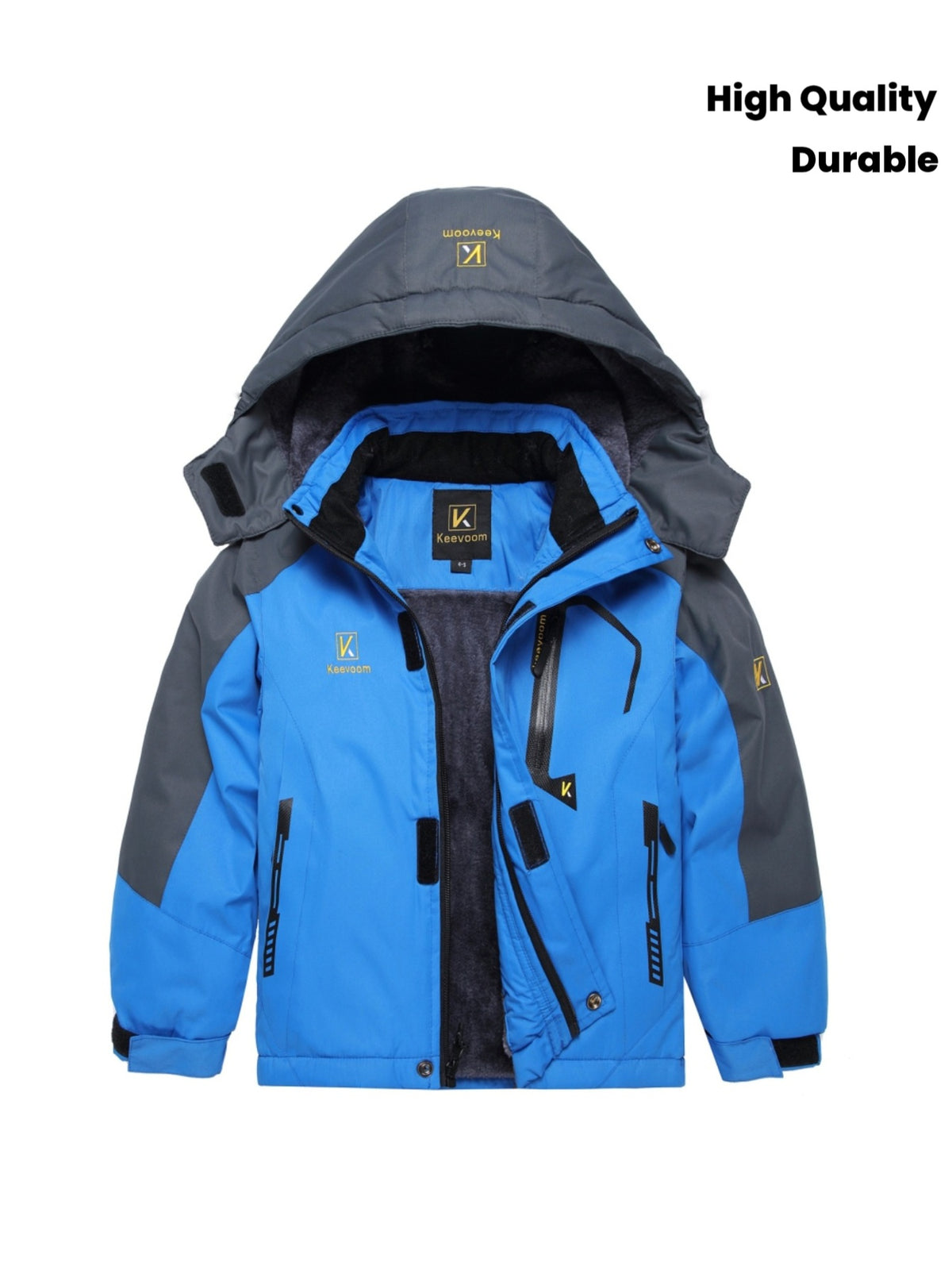 Boys' High Quality Windproof Ski & Snowboard Jacket with Hood - Thermal Insulated Winter Coat, Full-Zip Closure, Adjustable & Removable Hood, Elastic Cuffs, Shell & Filling, Blue/Black for Skiing, Snowboarding, Outdoor Winter