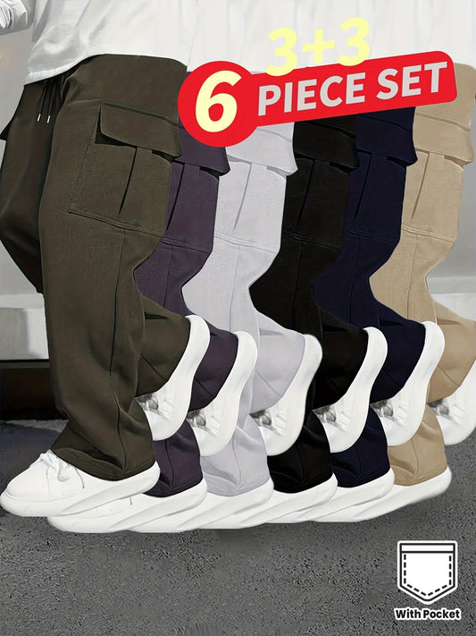 6pcs Men's Heavy-Duty Work Pants - All-Season Regular Fit Cargo Pants with Multiple Utility Pockets, Machine Washable Polyester Trousers for Site, Outdoor, Casual Wear (Solid Color) - Ideal for work Attire & Christmas Gifts
