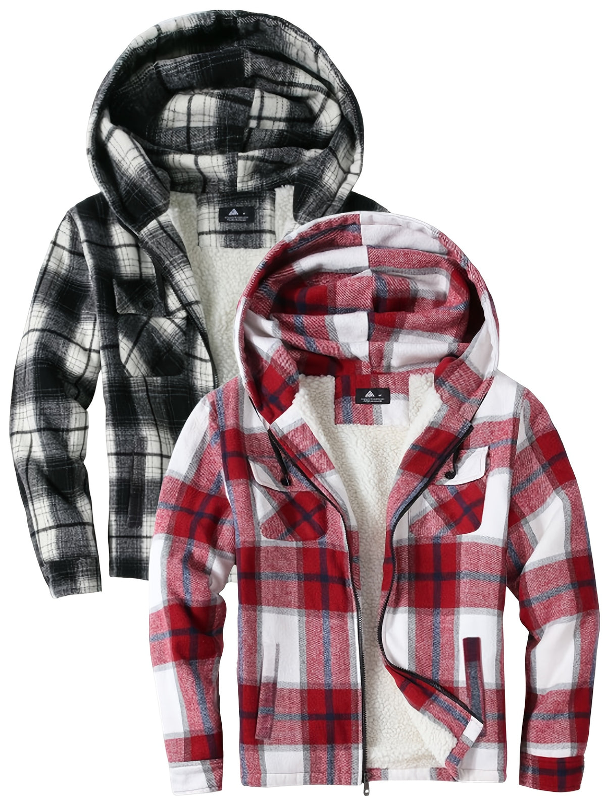 2pcs Men's Heavy Duty Sweater Hooded Jacket - Fully Zipped Thick Snow Mountain Lined Flannel Plaid Shirt with Pockets, Casual Style, Perfect for Fall And Winter, Hooded Collar, Regular Fit, Plaid Pattern, Men's Jacket, Cold W