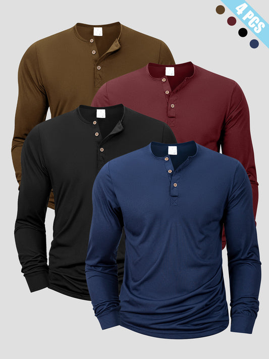 Solid Color Set of 4 Men's Buttoned Half-Open Chest Long-Sleeve Tops, Stylish And Minimalist Design, V-Neck Style Made from Soft And Comfortable Fabric, Suitable for Casual Outings, Sports, Hiking, Work, Commuting