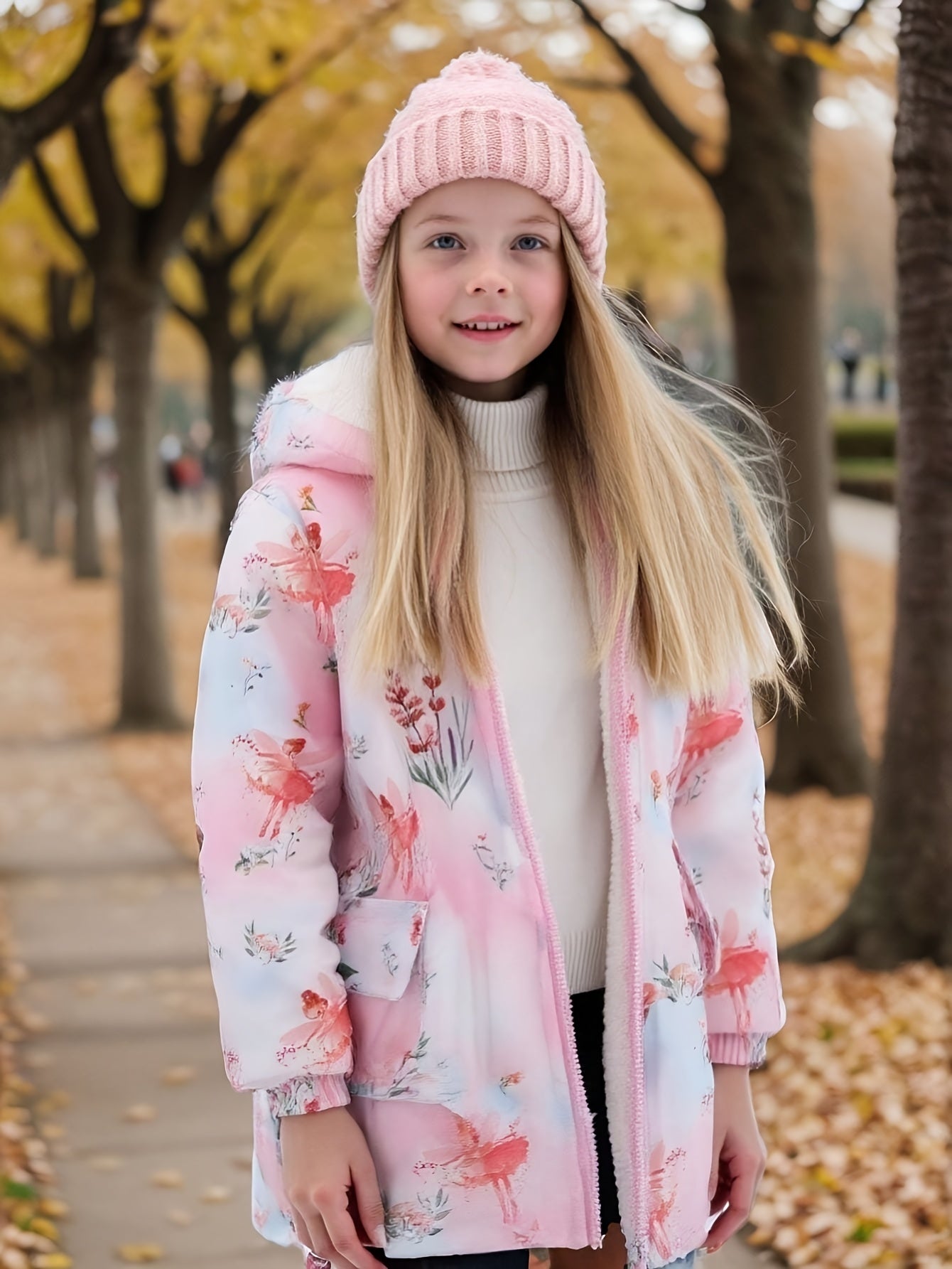Girls' Soft Fleece-Lined Hooded Zip-Up Jacket with Pockets - Cozy Long Sleeve Winter Coat, Floral Print, Drop Shoulder Design, X-Line Silhouette, Polyester, Perfect For Fall & Winter, Winter Jacket, Cozy Winter Wear, Stylish