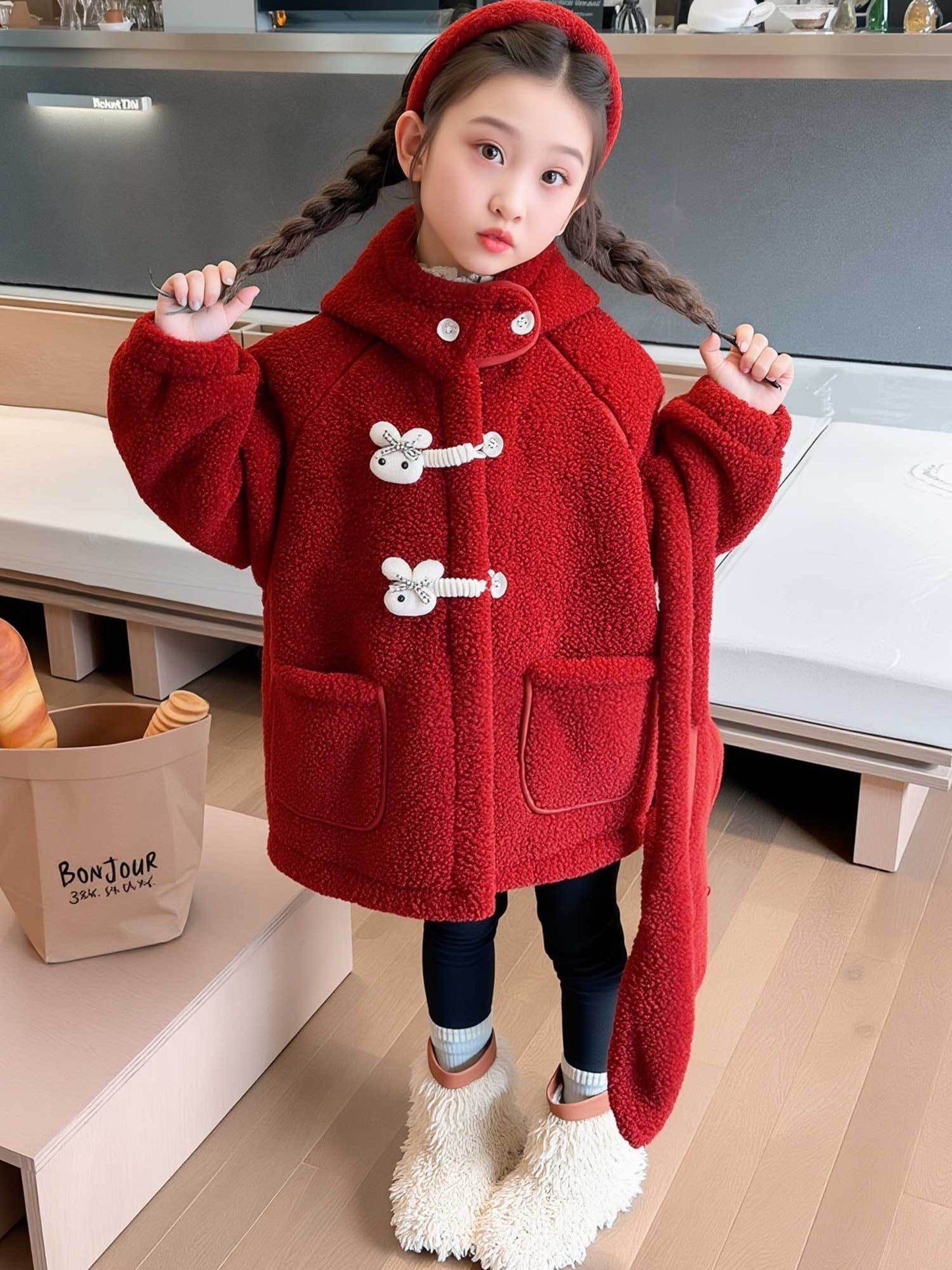 Girls' Luxury Plush Hooded Winter Coat - Thickened Warm Fleece-Like Insulation, Soft Loose-Fit Long Sleeve Jacket with Front Button Closure & Hood, Cozy Casual Outerwear for & Young Girls ( to Early Childhood) - Versatile for