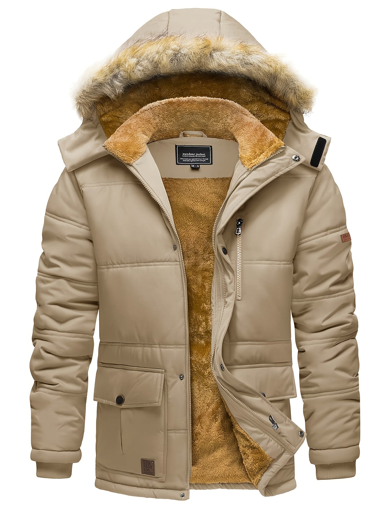 Men's Heavy-Duty Winter Jacket with Detachable Hood - High Quality Windproof Thermal Parka Coat, Fleece & Full-Zip Closure, Multi-Pocket for Skiing, Hiking, Camping, - Beige/ (No-Fill Cold Weather Outer, Mens Winter Jackets A