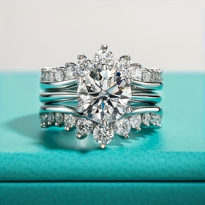 1pc S925 Silver 3 Carat Moissanite Combination Ring Sterling Silver Fashion, Suitable For Birthday Fashion, Wedding And Holidays, Suitable For Men And Women