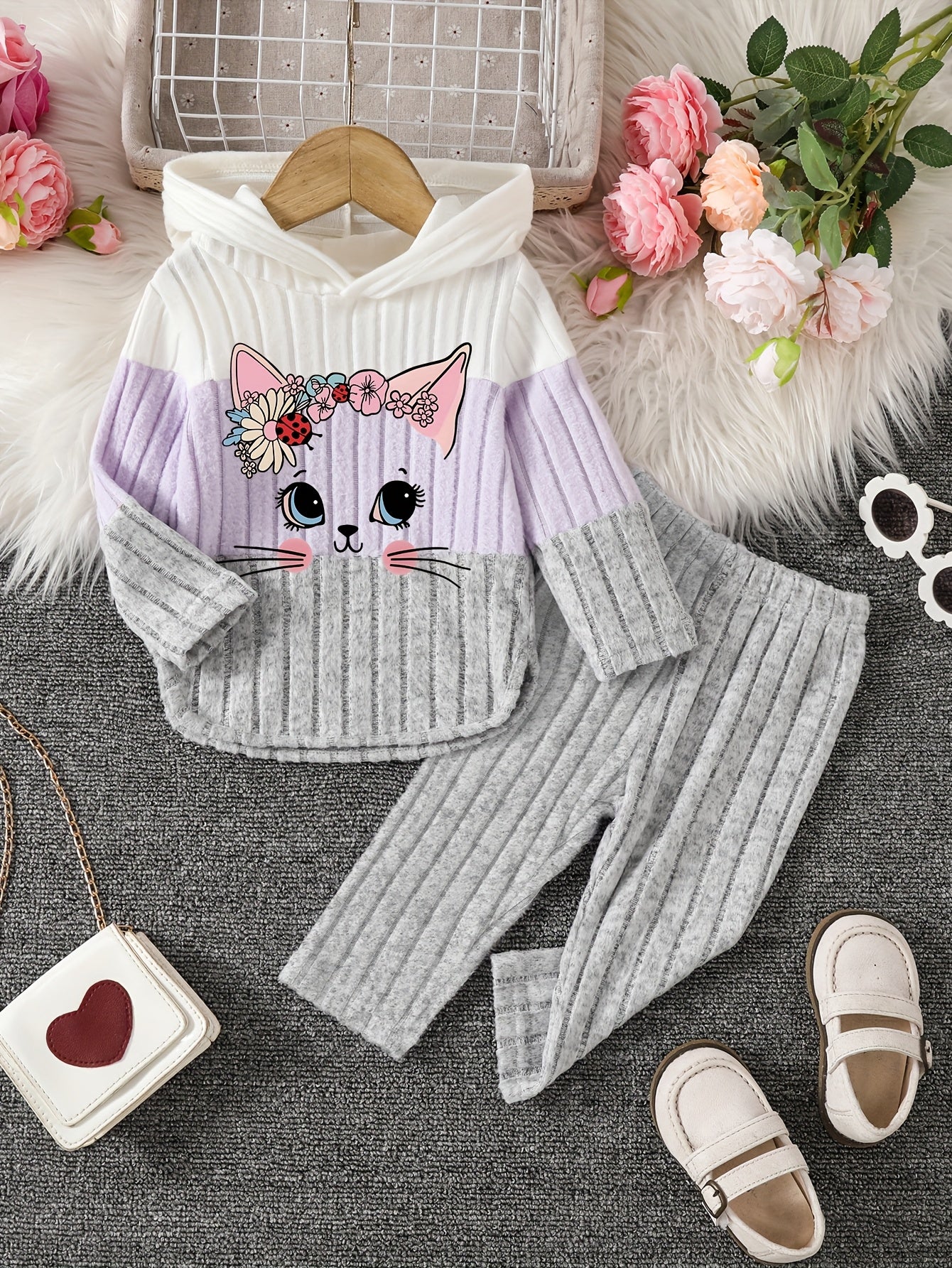 2pcs Girls' Winter Warm Hooded Sweater & Pants Set - Soft Pastel Pink & Color Block Outfit with Heart & Cat Face Appliques, Long Sleeve Pullover & Joggers, for Outdoor, Casual Attire (machine Washable)