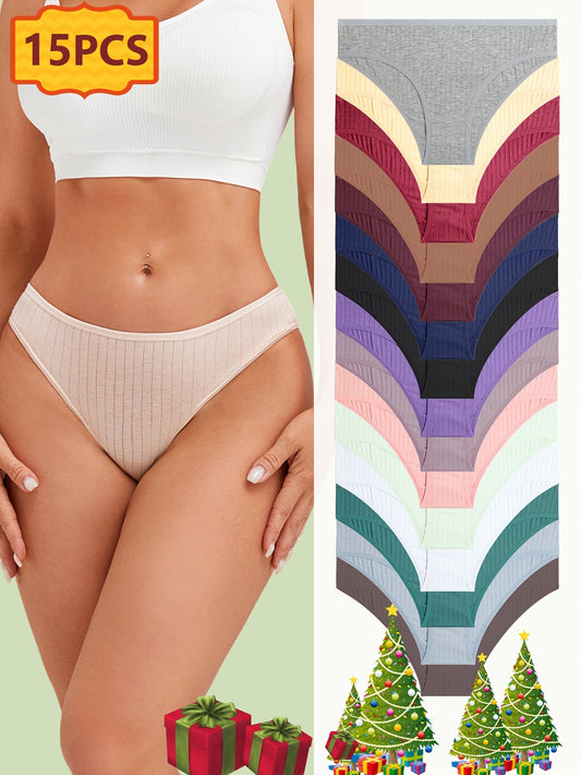 15pcs Women's Underwear, Vertical Striped Solid Color Triangle Pants, Suitable for Daily Commuting, Women's Underwear And Panties