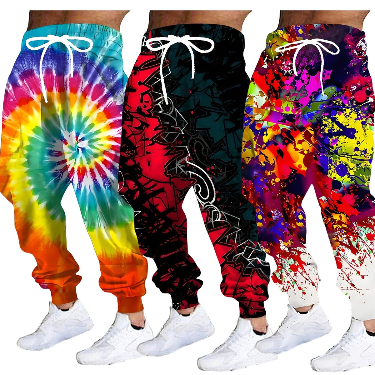3pcs Men'S Tie-Dye Swirl Pants - Bold Tie-Dye Sweatpants with Drawstring Waistband & Side Pockets, Non-Stretch Fabric for Gym, Casual Outfits - Tie-Dye Joggers in Black/Red/Orange/Blue/Purple/White/ - Spring/Fall Clothing Ess