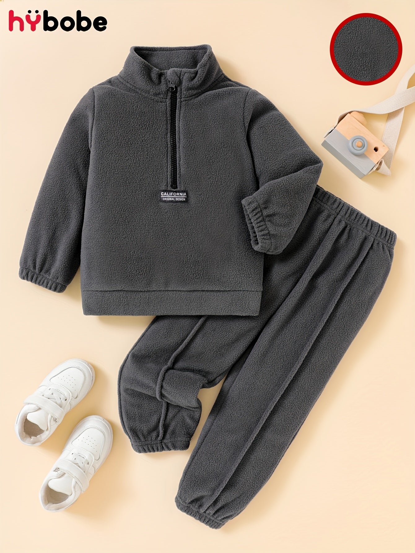 Boys' Autumn/Winter Gray Solid Color -Lined Warm Zip-Up Top & Pants Two-Piece Set, Perfect for Outdoor