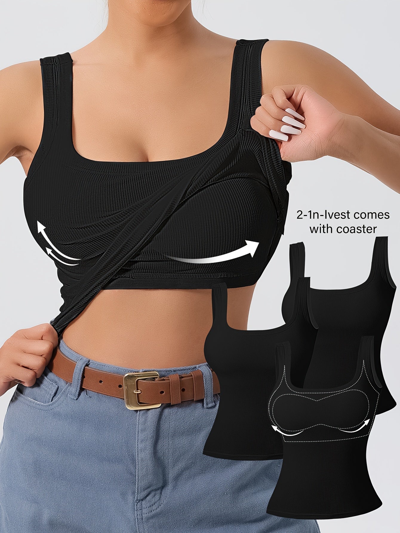 Women's 3Pcs U-Back Tank Tops With Removable Pads, Slim Fit Solid Color Versatile Inner & Outerwear Camisole Vest Set Casual Style