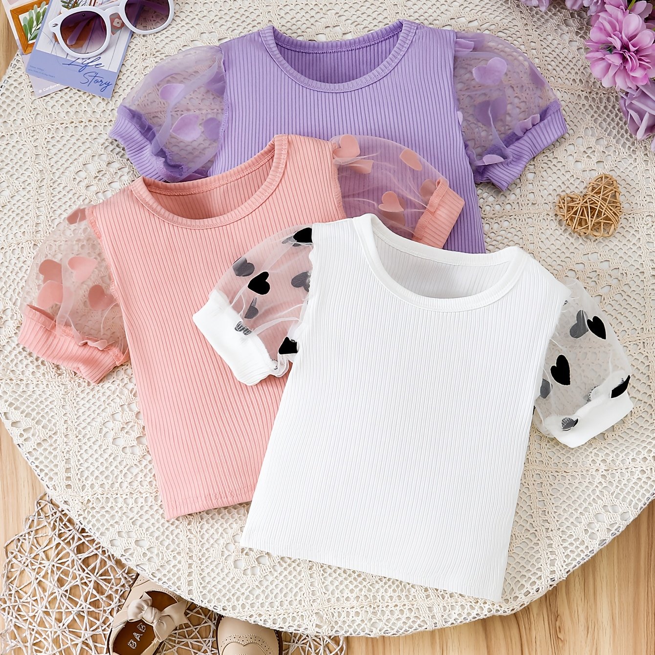 Three-Piece Set • Cute Tulle Sleeve T-Shirts • for Girls