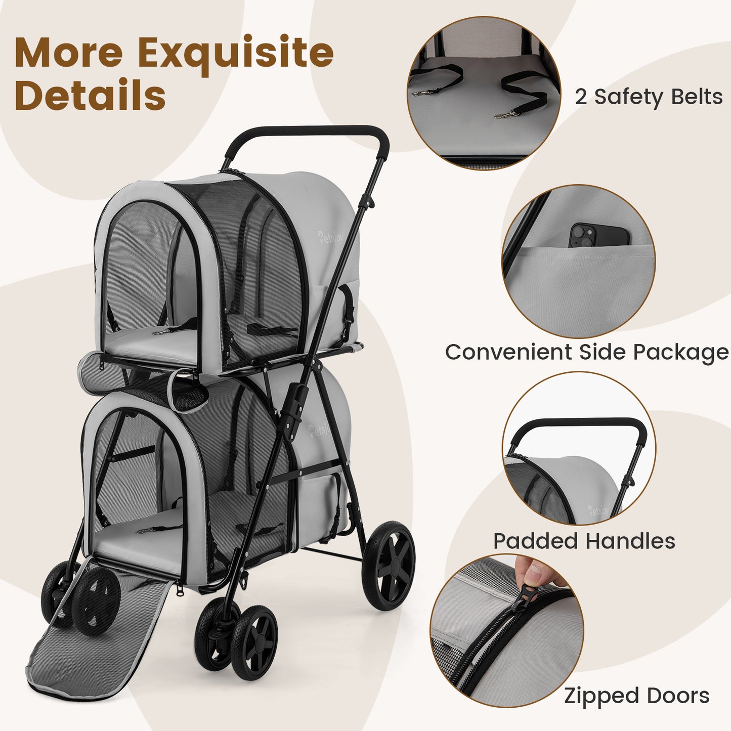 COSTWAY 4-in-1 Double Pet Stroller with Detachable Carrier, Metal Frame & Oxford Cloth Travel Carriage for Dogs
