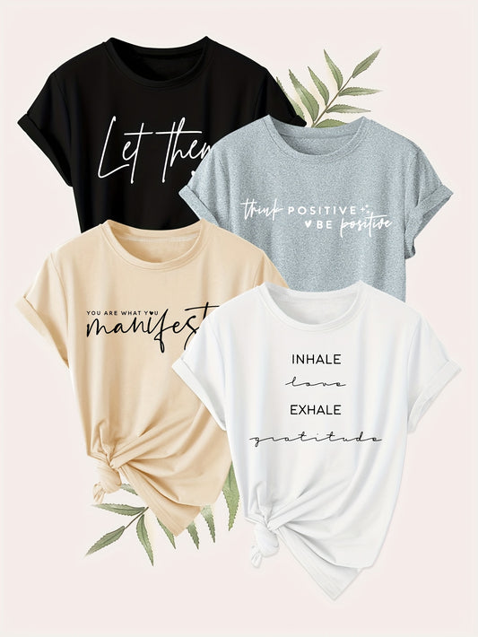 4pcs Set of Positive Print Fashion Vintage Style Women's Casual Sporty Round Neck Short Sleeve T-shirts for Spring, Summer, and Autumn
