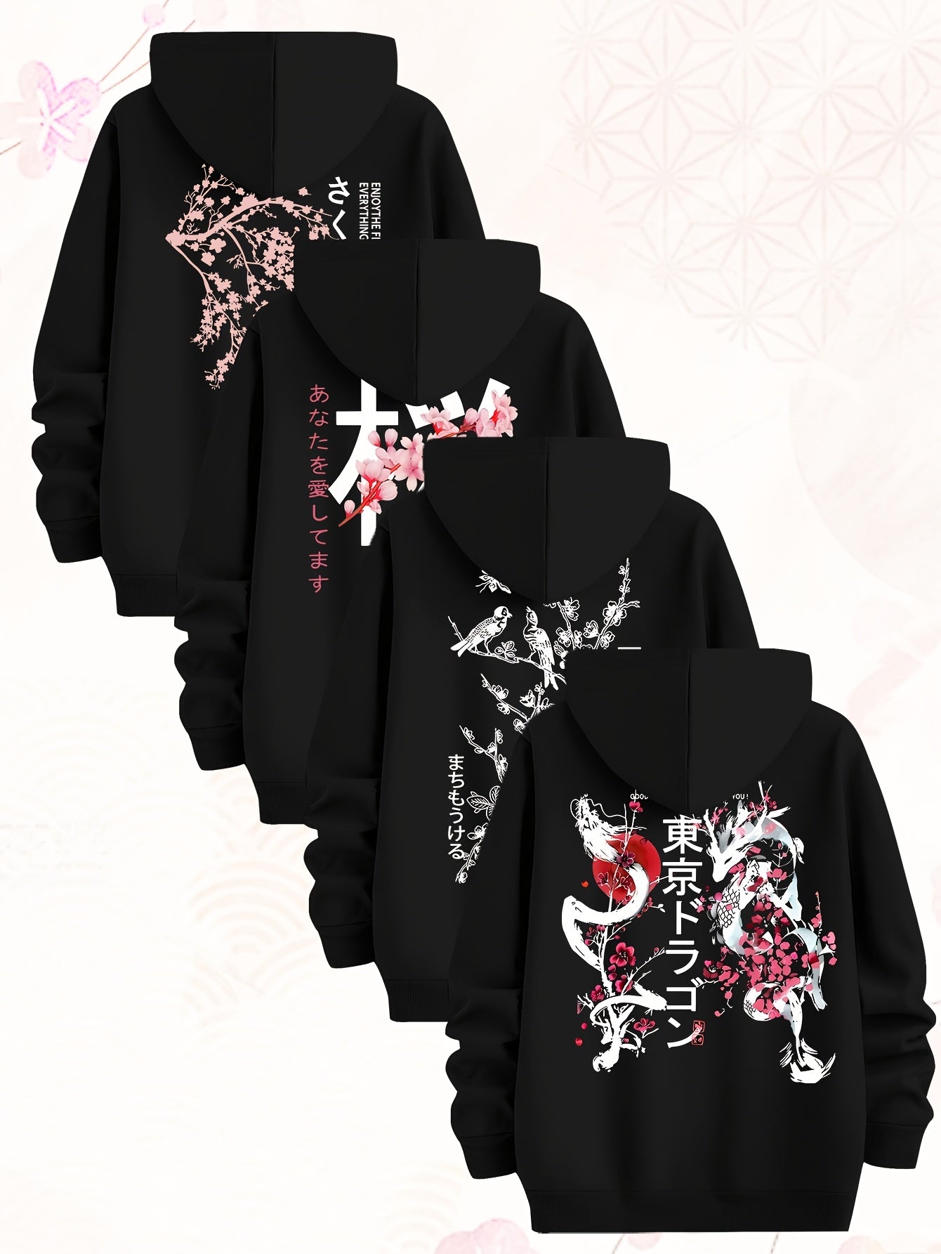 [Set of Four Hoodies] Tokyo Japanese-Style Cherry Blossom Pattern Sweatshirt, Set of Four Men's Hoodies, Made of Polyester Knit Fabric, Casual Style, Regular Fit Hoodies