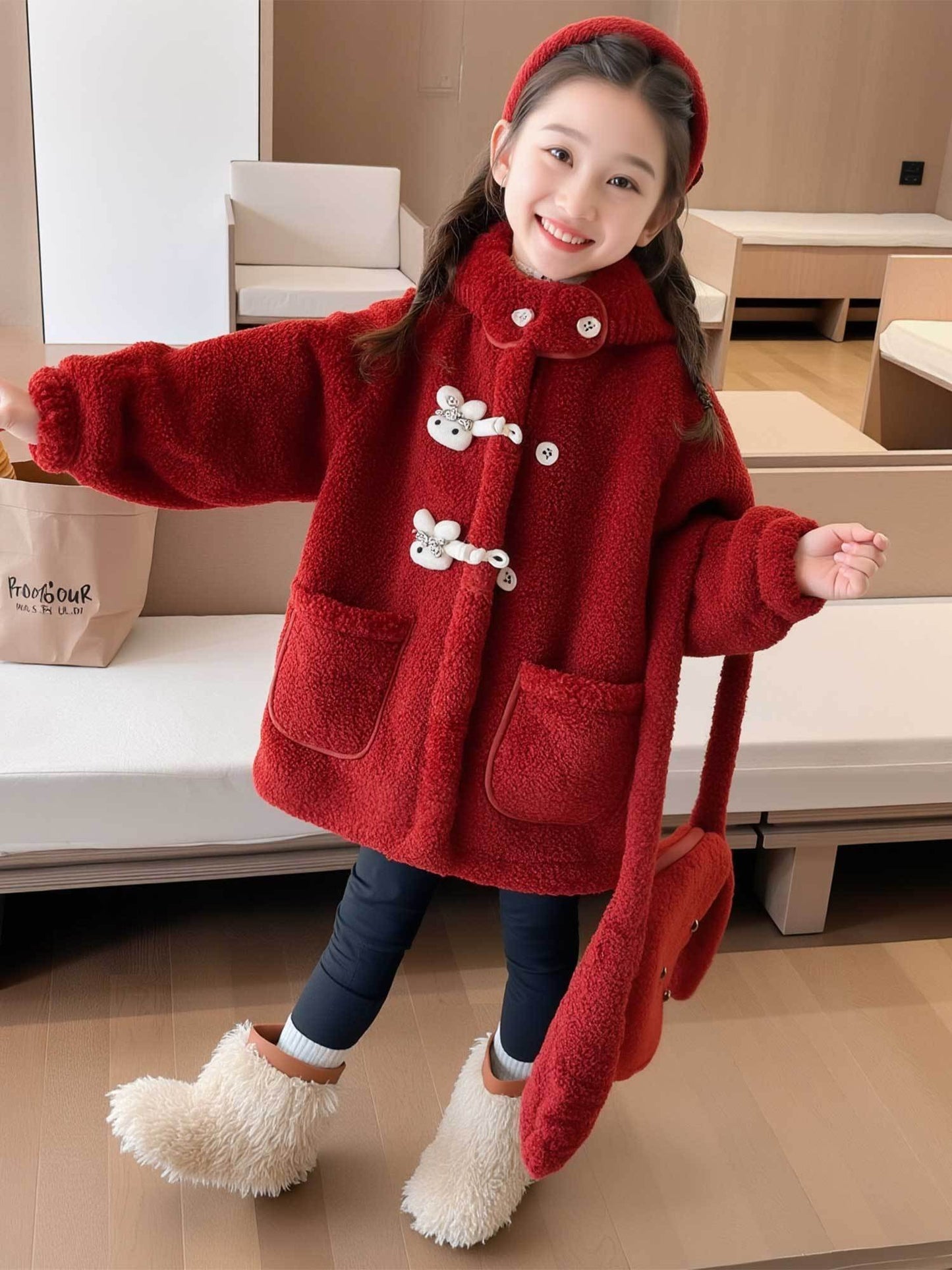 Girls' Luxury Plush Hooded Winter Coat - Thickened Warm Fleece-Like Insulation, Soft Loose-Fit Long Sleeve Jacket with Front Button Closure & Hood, Cozy Casual Outerwear for & Young Girls ( to Early Childhood) - Versatile for
