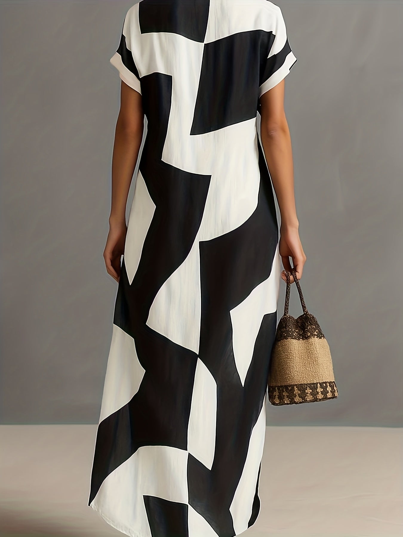 Geometric Print Women's Blend Irregular Turn-Collar Single-Breasted Short-Sleeved Long Shirt Dress