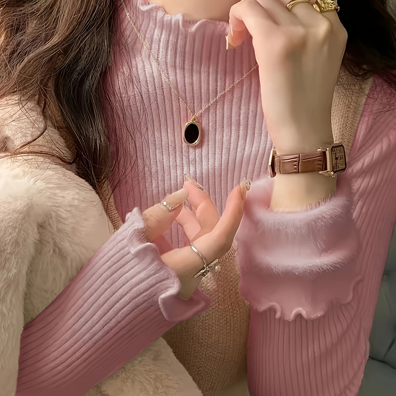 Solid Color Autumn Winter Early Spring Half High Neck Ruffle Fleece Lined Knit Sweater