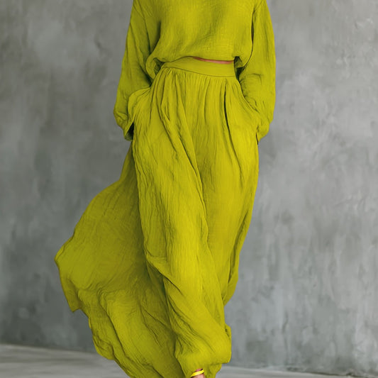 Vintage Elegance Spring and Summer Solid Color Set • High Neck Long Sleeve Top + High Waist Maxi Skirt 2pcs Outfit • Minimalist Design for Lazy Chic Vacations, Office Wear, and Stylish Commuting