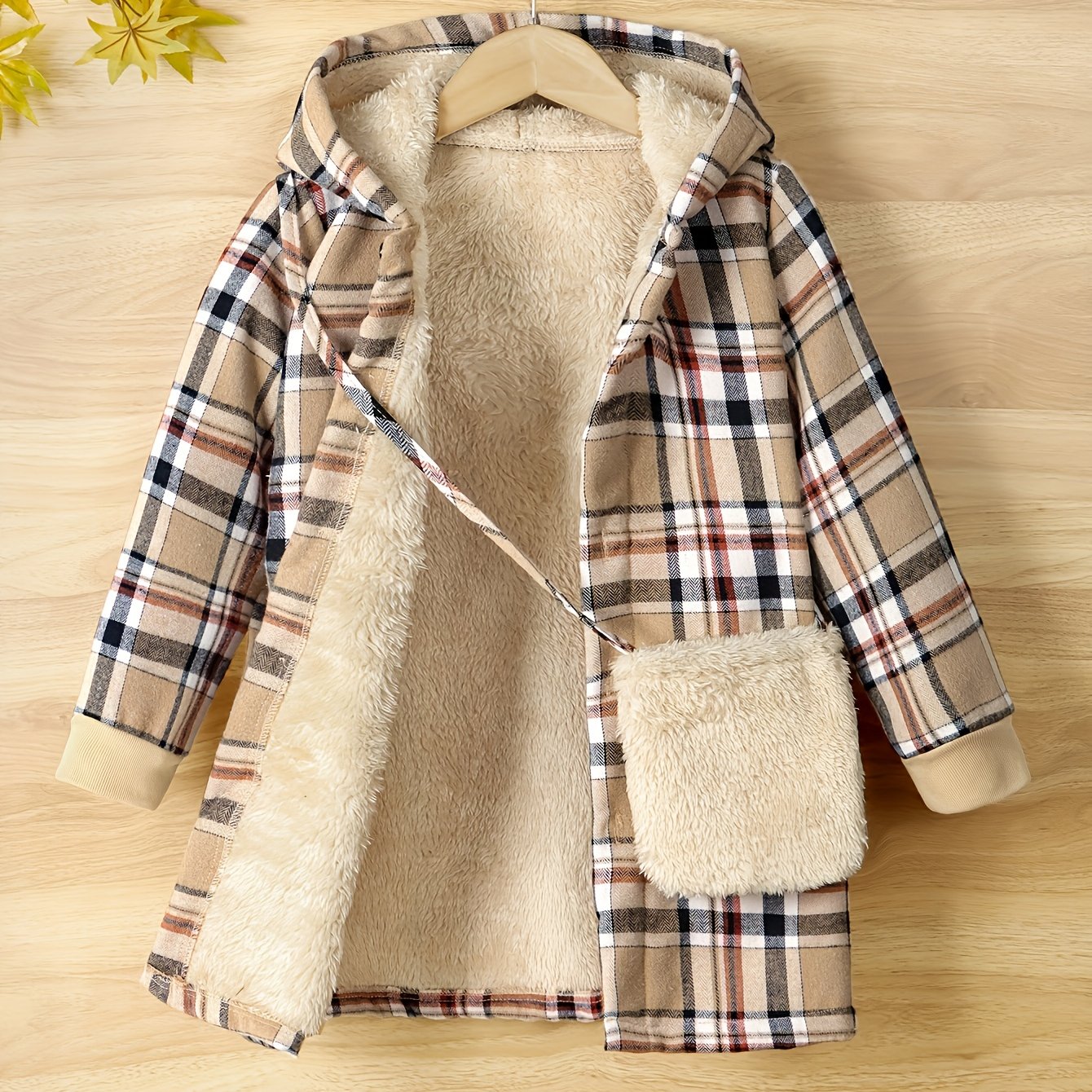 Girls' Winter Warm Plaid Hooded Jacket with Matching Bag - Thickened Button-Front Closure Coat, Long Mid-Length Outerwear for, Playdates & Cold Weather (Machine Washable)