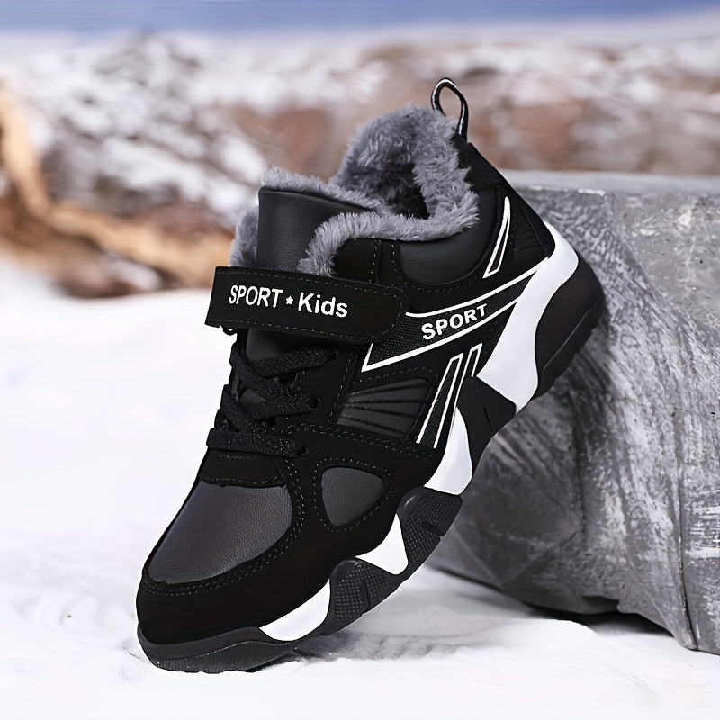 Youngsters' Winter Sports Shoes - Boys & Girls, Low-Top Lace-Up with Closure, Upper & Rubber Sole, Black with Blue Accents, Warm Fleece Lining for Outdoor Activities, Running, Hiking, Casual Wear, Winter Sports Gear | Stylish
