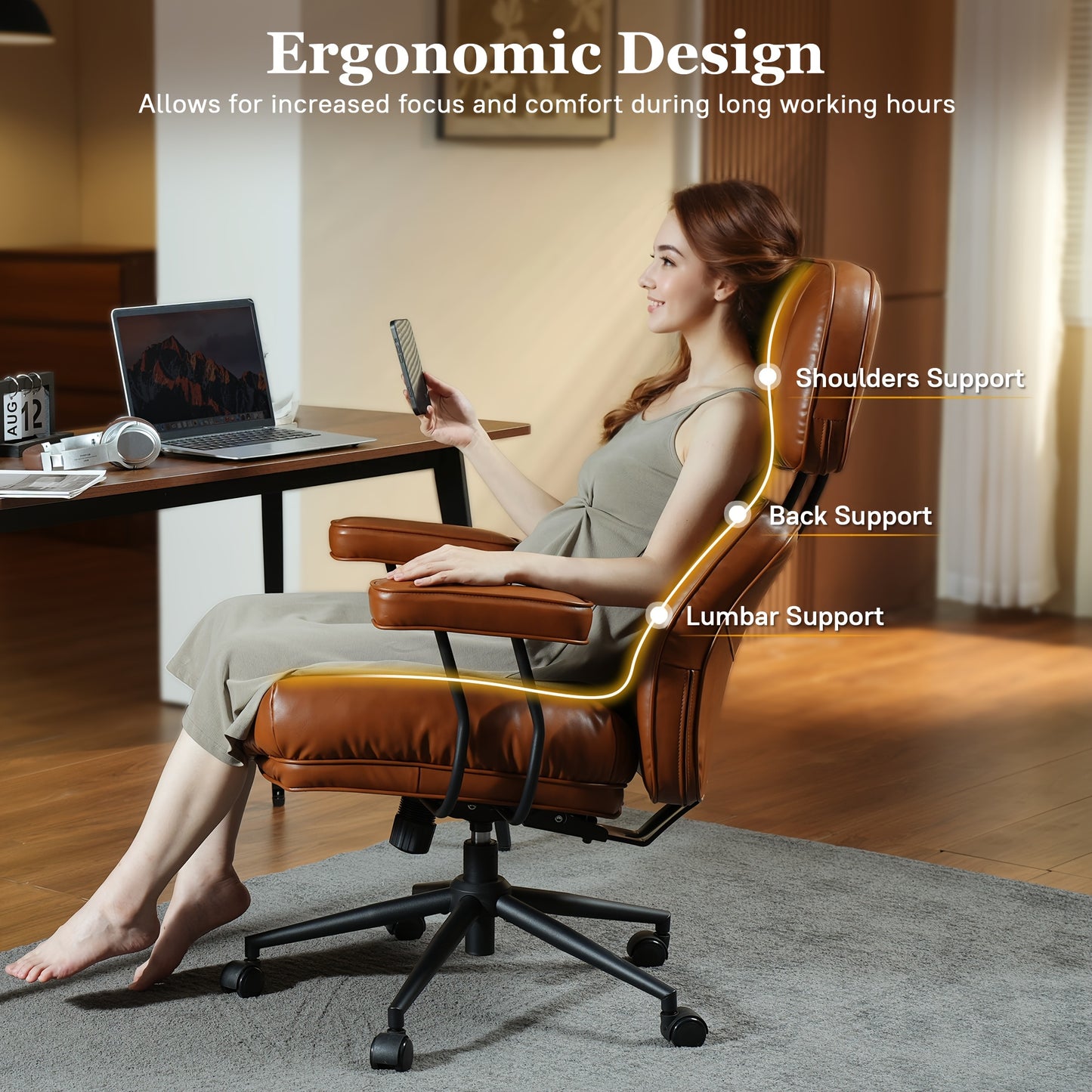 Oversized Modern Office Chair PU Leather, High Back Adjustable Desk Chair with Padded Armrests, Ergonomic Computer Chair for Home Office, Stylish Executive Chair with Lumbar Support