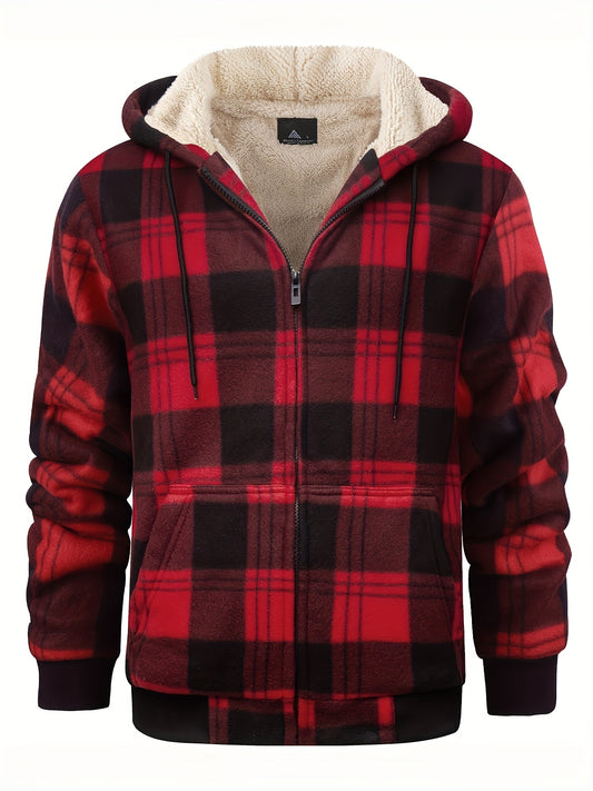 2pcs Men'S Heavy Sweater Hooded Jacket - Full-zip Thick Snow Mountain Lined Flannel Check Shirt with Pockets, Casual Style, Perfect for Autumn And Winter, Hooded Collar, Regular Fit, Check Pattern, Men'S Jacket, Jacket for Ma