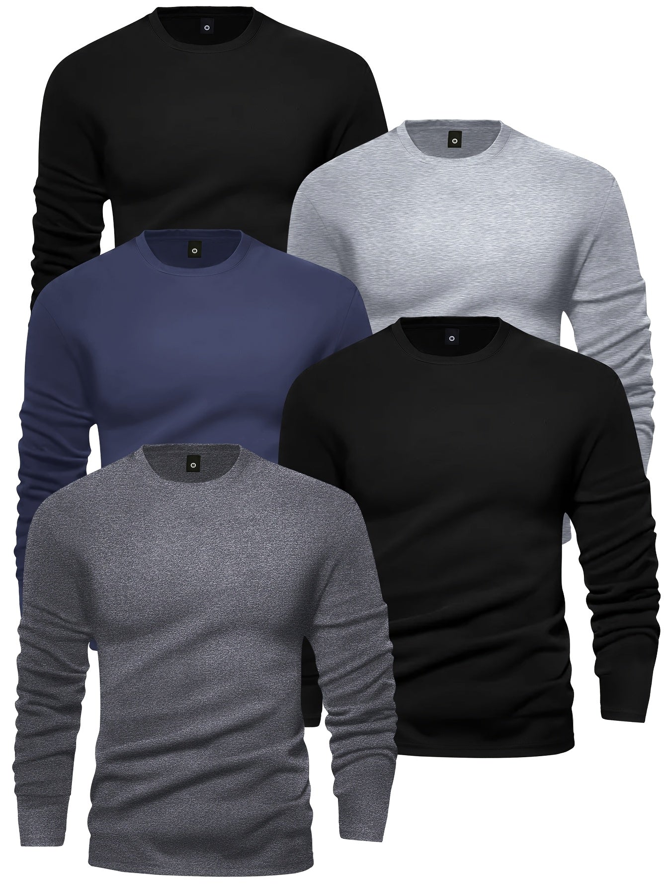 [5pcs Men's T-Shirts] 5pcs Men's Long Sleeve Round Neck T-Shirts - Solid Color Base Layer Layering Shirts, Casual & Athletic Wear, Durable Machine-Washable Tops for Jogging, Gym, Everyday Use - Bulk Pack Value (5)