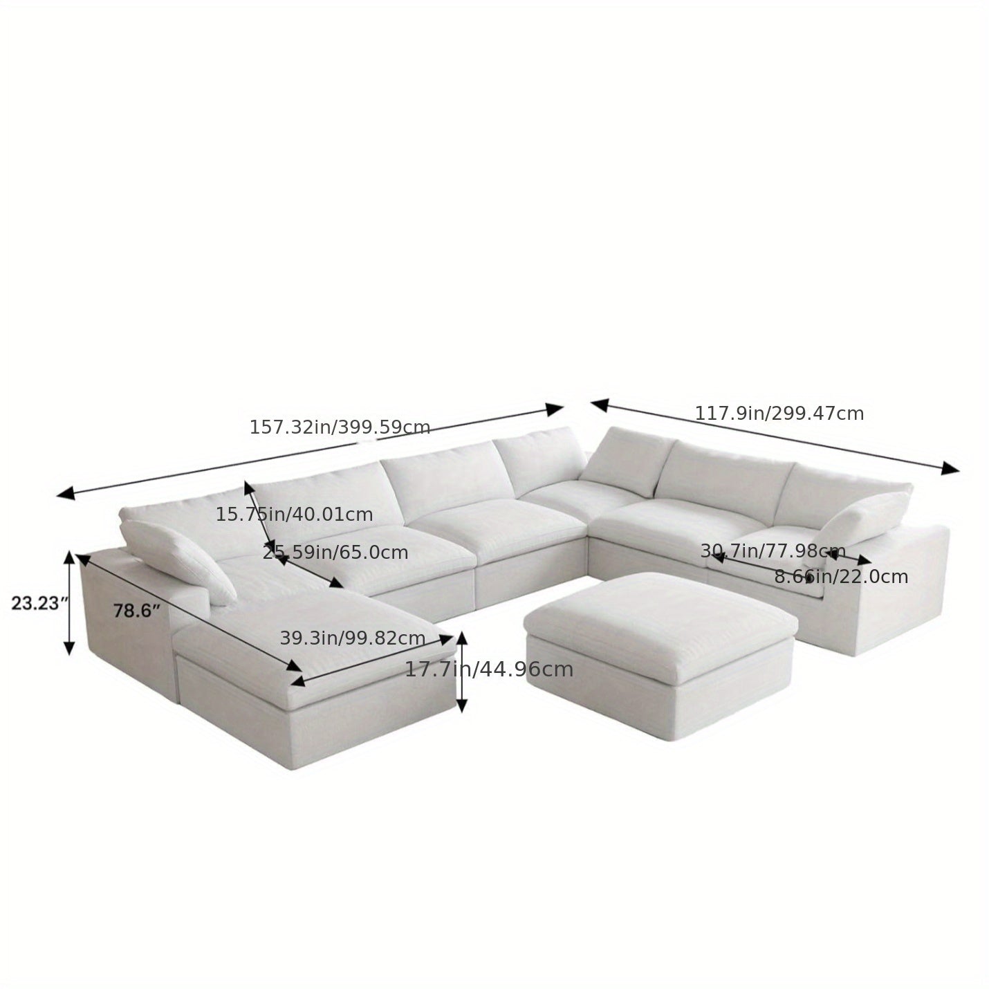 Cloud Modular Sectional Sofa Couch, Oversized Couch 8 Seater Sofa, 160.6" U Shaped Convertible Couches with Storage Ottoman for Living Room, Deep Sofa Couches, Sofa Covers Washable&Replaceable(White)
