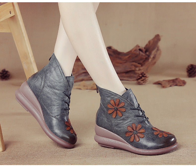 Women'S Genuine Leather Platform Ankle Boots with Floral Embellishment - Chunky Heel, Round Toe & Zipper Closure, Warm & Cushioned Insole, Casual to Semi-Formal Cowhide Boots for Everyday Comfort (Brown/Red) - Hand Washable R