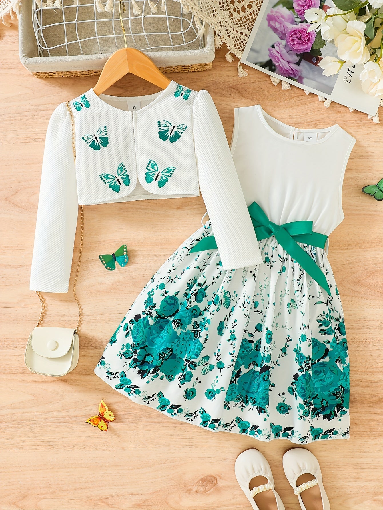 [Cute | Casual] 2pcs Cute Little Girl Butterfly Dresses | Floral Tank Dress And Graphic Cardigan Top Set | for Casual Look, Kids Clothing Gift