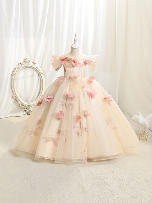Cute Off-Shoulder Princess Dress with Flutter Sleeves and Bow Decorations | Lightweight Mesh Fabric, Flared Hem, Pink Floral Pattern, Suitable for Birthday Parties and Stage Performances