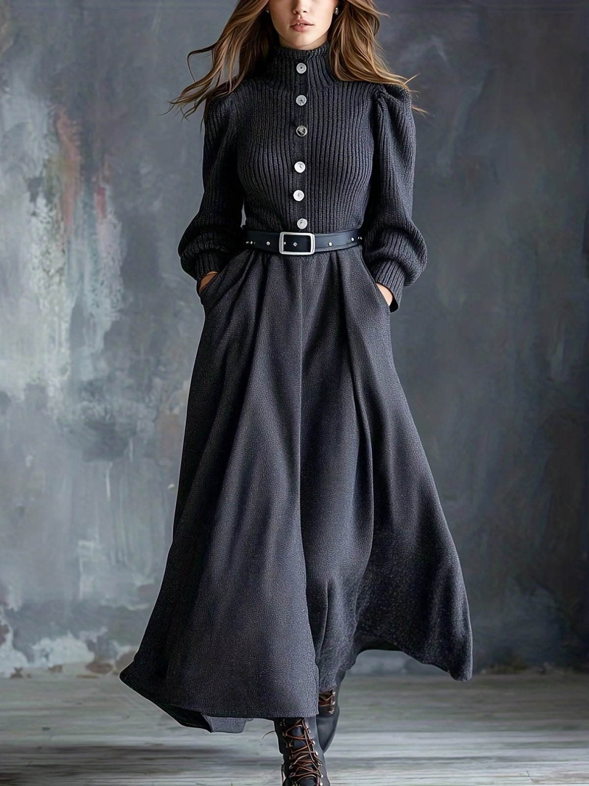 KIMKING Women's Dark Gray Dress - Elegant A-Line Long Sleeve Turtleneck Winter Dress with Cinched Waist, Single-Breasted Button Front, Long Train (-Length) for Weddings, Parties & Formal Events - Warm Winter Outfit
