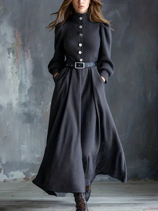 KIMKING Women's Dark Gray Dress - Elegant A-Line Long Sleeve Turtleneck Winter Dress with Cinched Waist, Single-Breasted Button Front, Long Train (-Length) for Weddings, Parties & Formal Events - Warm Winter Outfit