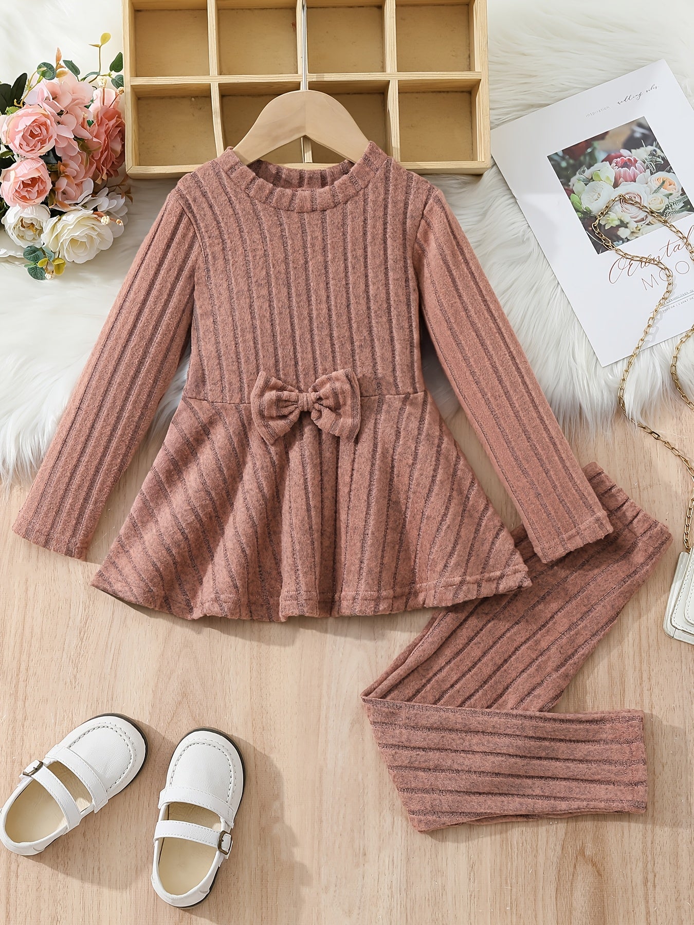 [Chic | Fall/Winter] Cozy Fleece-Lined Girls' Bow-Knot Long Sleeve Dress & Pants Set | Solid Color, Machine Washable | Perfect for Fall/Winter, Perfect for Outdoor
