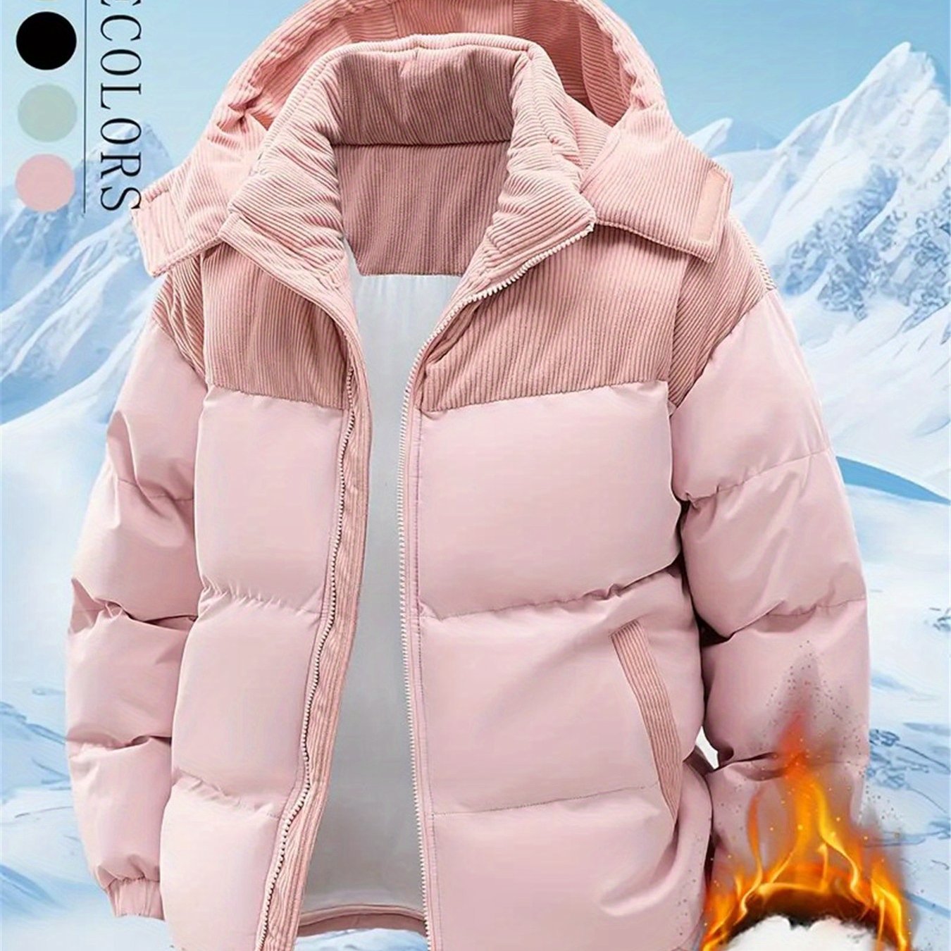 [Winter Fleece Jacket] 1pc Winter Hooded Fleece Jacket for Men & Women - Detachable Hooded Warm Color Block Coat with Zipper Closure, Polyester Fill, Regular Fit, Perfect for Cold Weather Outdoor Activities