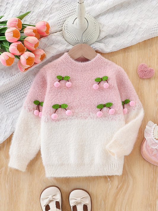 Girls' Pink 3D Cherry Knit Sweater - Cozy Winter Warmth, Thickened 3-Layer Design, Long Sleeve Round Neck, Soft Acrylic & Polyester Blend, Perfect for Girls, Cute Sweaters for Girls, Winter Wear, Cute Outfit, Medium Stretch F