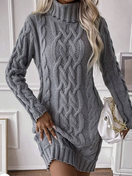 Women'S 2025 New Style Chunky Cable Sweater Dress - Thickened Winter Coat Dress with Stand Collar, Long Sleeve Elegant Sweater, Solid Color (Grey) Ribbed Texture, Warm Yarn for Fall & Winter, Casual to Formal Outfits, Versati